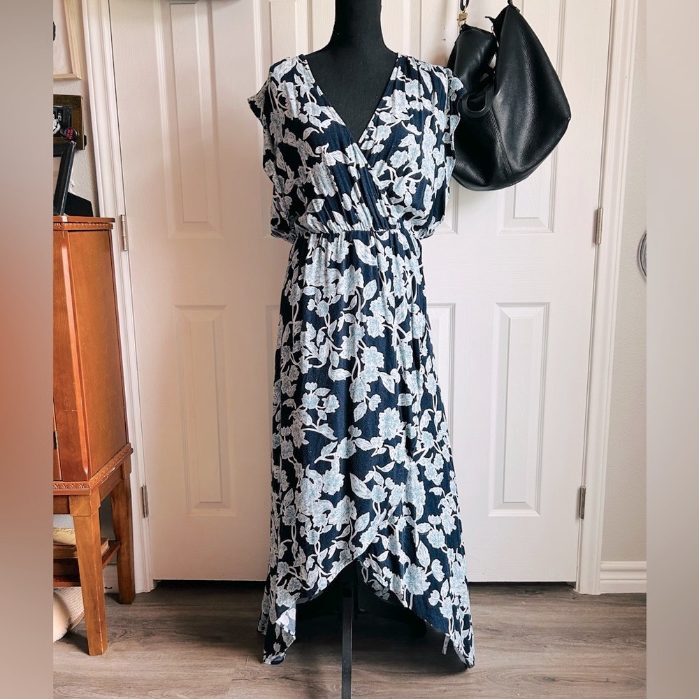 blue floral ruffle open front coastal beachy minimalist asymmetrical maxi dress